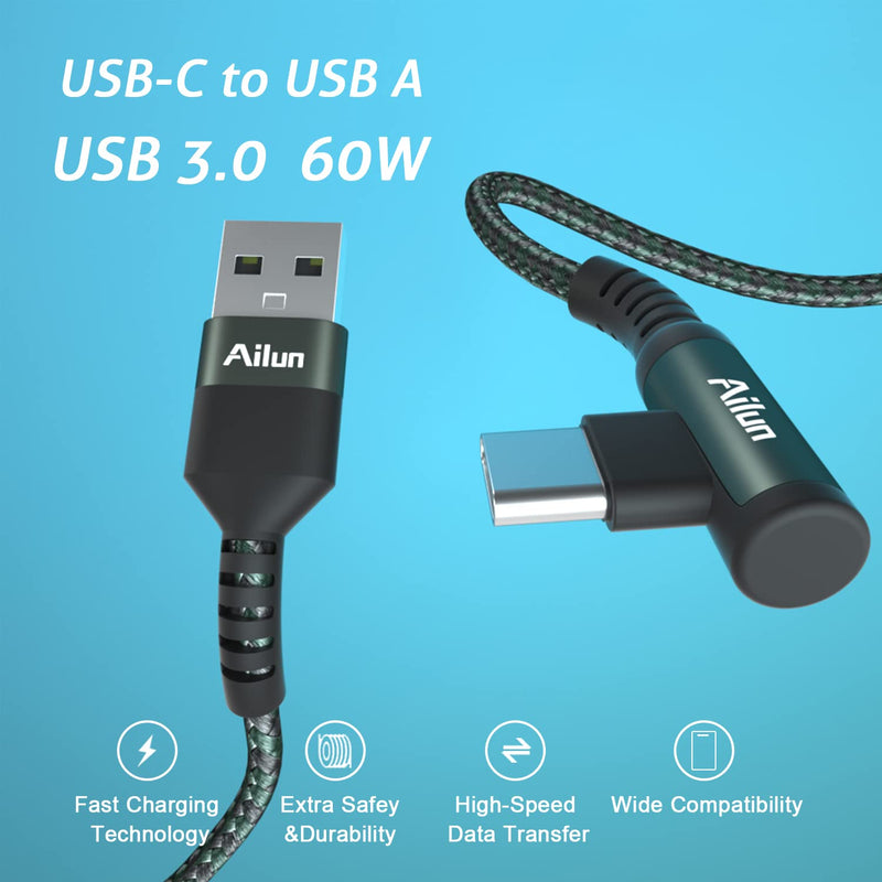 [Australia - AusPower] - Ailun USB C Cable Right Angle 90 Degree Elbow USB A to C 60W PD Fast Charge Nylon Braided 3Pack [3ft+6ft+6ft] Compatible with Galaxy S22/S22+/S22 Ultra, S21 5G, S20 S10 iPad Pro MacBook Switch 