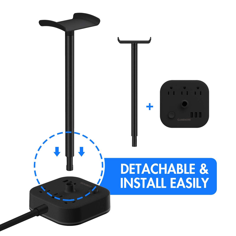 [Australia - AusPower] - Gamenote RGB Headphone Stand & Power Strip 2 in 1 Desk Gaming Headset Holder with 3 USB Charging Ports and 3 Power Outlets Earphone Hanger Accessories for Desktop Gamer 