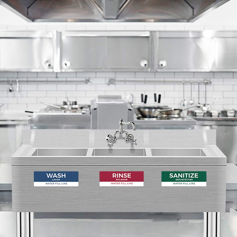 [Australia - AusPower] - Pixelverse Design - Wash Rinse Sanitize Handwash Stickers - Great for Restaurants, Commercial Kitchens, 3 Sink Compartments - 3x9 Inches - 5 Pack Set - Includes BONUS Employee Must Wash Hands 3 x 9 inches (5 Pack) 