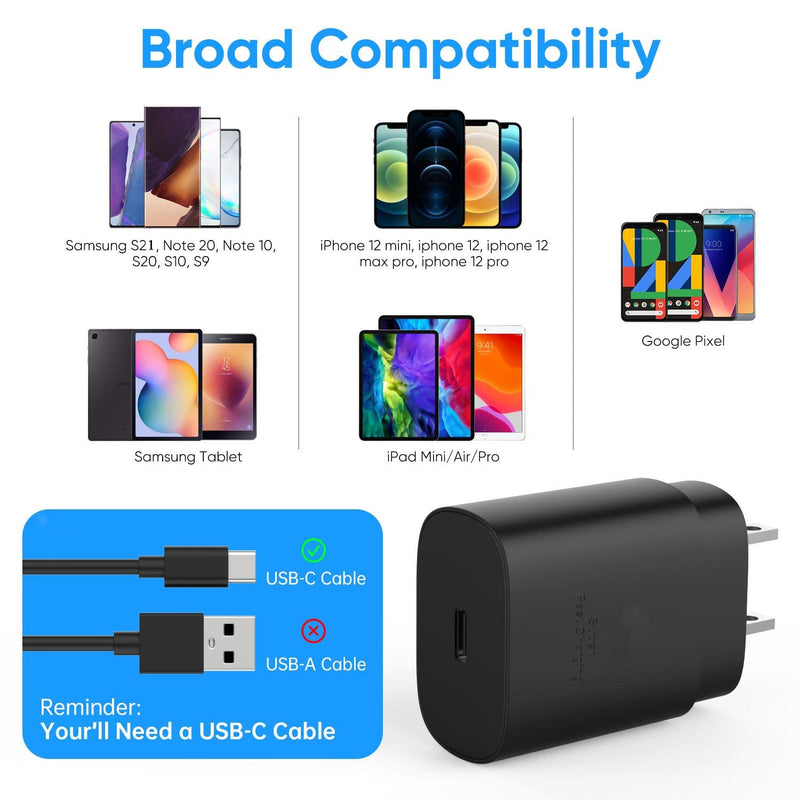 [Australia - AusPower] - Super Fast Charger Type C, 25W PD Wall Charger Block Compatible with Samsung Galaxy S21/S21+/S21 Ultra/S20/S20+/S20 Ultra/Note 20/Note 20 Ultra/Note 10/Note10 Plus + 2Pack 5Ft Type C to Type C Cable 