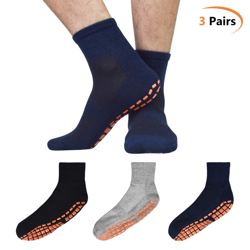[Australia - AusPower] - Non Slip Socks for Men House Socks with Grips 3 Pairs Anti-Skid Yoga Pilates Floors Hospital Slipper Socks Gift for Men 01 Black+gray+navy Blue 10-13 