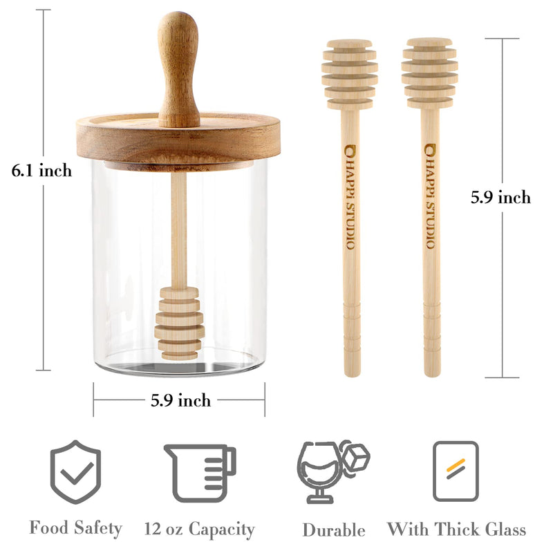 [Australia - AusPower] - HAPPi STUDIO Airtight Honey Pot - 13 Oz Honey Jar - Honey Jar and Dipper Set - Honey Jars with Dipper - Honey Dipper Stick and Jar Set - Honey Dispenser - Honey Containers - Glass Honey Holder 