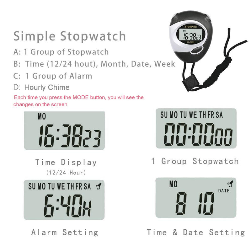 [Australia - AusPower] - Digital Stopwatch, BESTWYA Large Screen Handheld Count Up Timer with Time Calendar Clock Function 