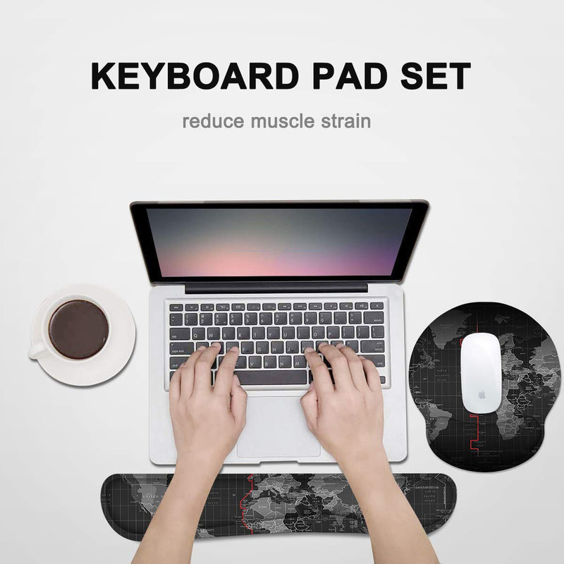 [Australia - AusPower] - Artiron Upgrade Keyboard Wrist Rest Mouse Pad Set, Non-Slip Rubber Base Rest Support for Easy Typing, Pain Relief Memory Foam Ergonomic Mouse Pad for Gaming Working Writing, World Map 