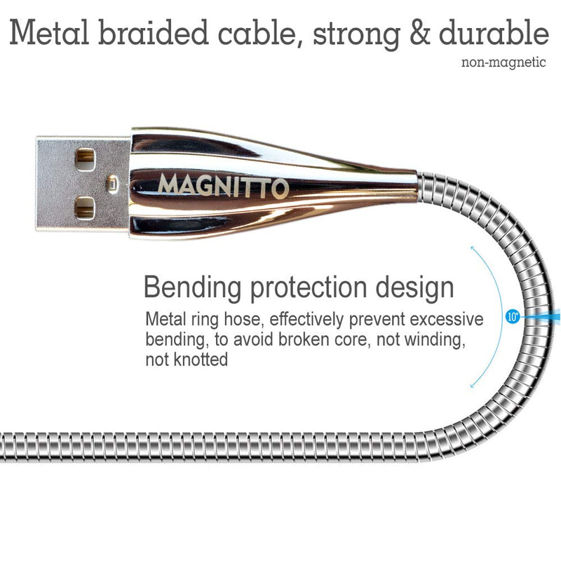 [Australia - AusPower] - MAGNITTO 6FT USB Charging Cable Durable Metal Braided Cord, 2 Pack Extra Long, Copper Wire, Tangle-Free, Fast Charging and Data sync at high Speed, Premium Metal Connector, Silver Color 