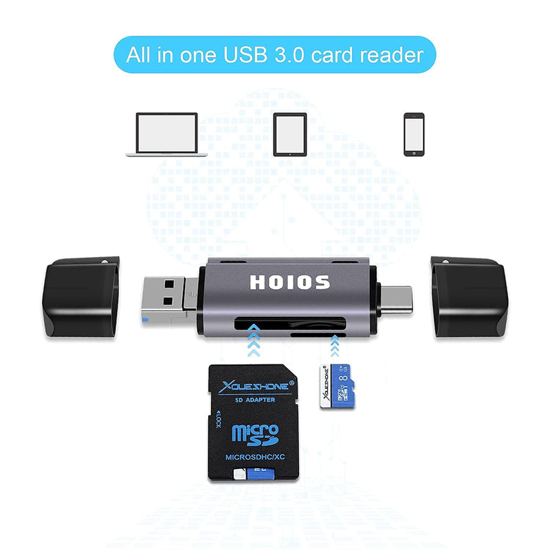 [Australia - AusPower] - SD Card Reader USB-C,3-in-1 Memory Card Reader with Tri-Connectors, USB 3.0 Card Reader Adapter for SDXC,Micro SDXC,Compatible with Windows,Mac OS ,Linux, Android,Silver Gray 