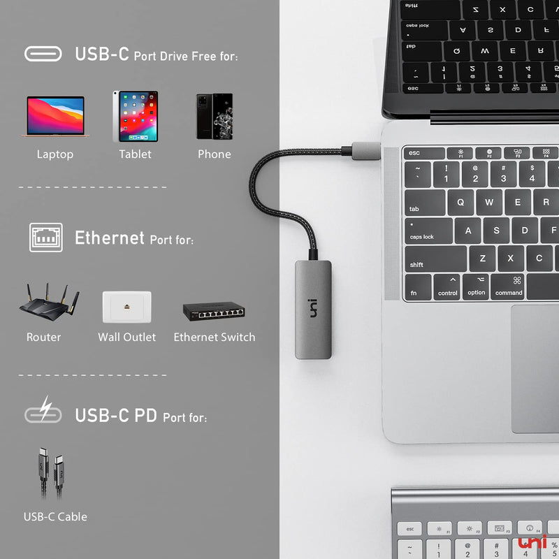 [Australia - AusPower] - uni USB C to Ethernet Adapter with 100W Charging Port, 1Gbps Ethernet to USB C - Gigabit RJ45 LAN Network Adapter with Power Delivery, Ethernet Adapter for Laptop, MacBook Pro/Air, Dell XPS 