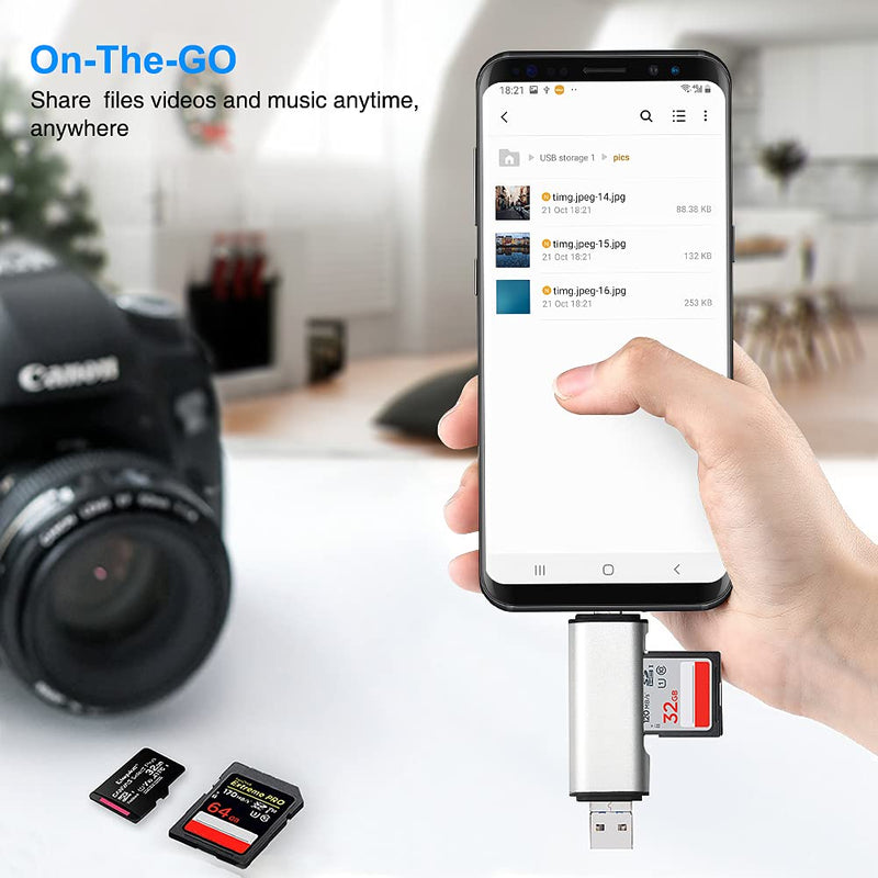 [Australia - AusPower] - SD/Micro SD Memory Card Reader, BorlterClamp 3 in 1 Memory Card Reader with USB C Micro-USB OTG Adapter Compatible with PC, Laptop, MacBook, Tablet, Smartphone (Silver) silver 