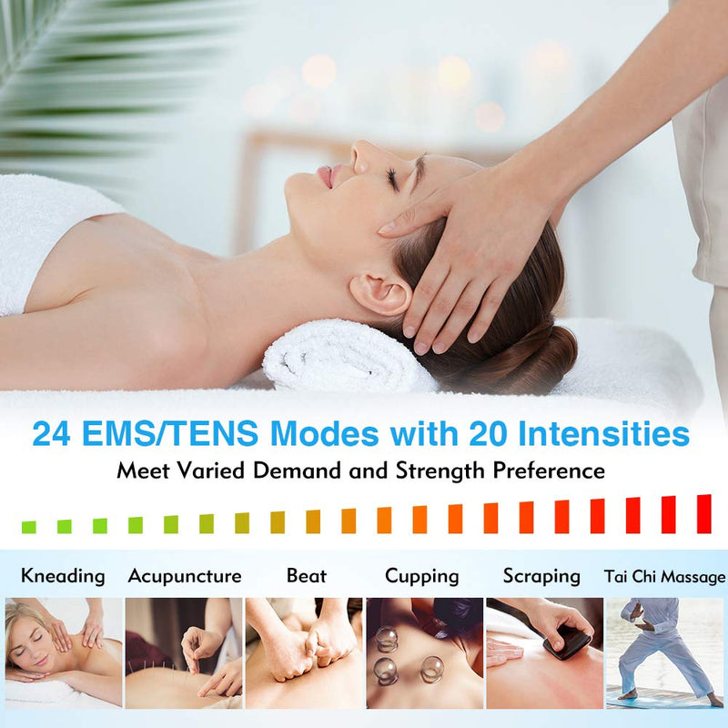 [Australia - AusPower] - TEC.BEAN 24 Modes TENS Unit Muscle Stimulator, Rechargeable TENS Machine with 8 Electrode Pads (American Gel), Electric Pulse Massager for Pain Relief Therapy 