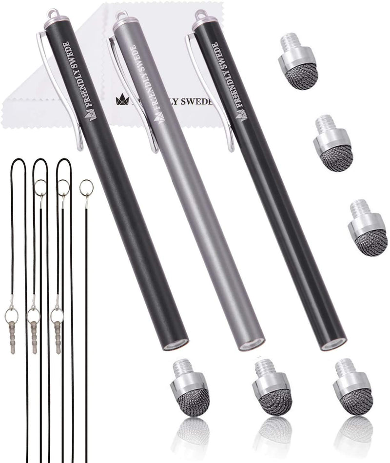 [Australia - AusPower] - The Friendly Swede Stylus Pens for Touch Screens - Micro-Knit Mesh Tip Capacitive Stylus Pen for Tablets and Phone, with Replaceable Fiber Tip Design (3 Pack) Matte Black + Black + Grey 