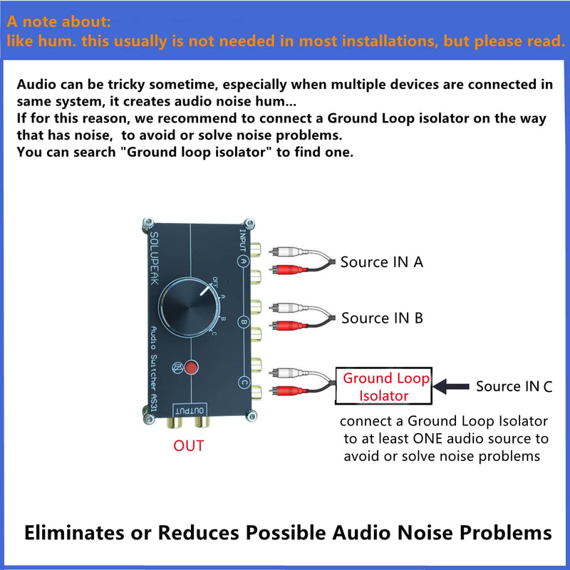 [Australia - AusPower] - SOLUPEAK 3 in 1 Out RCA Stereo Audio Source switcher Switch Signal selector Splitter schalter Connector Distributor Box 3 ports RCA switch(3 IN 1 OUT) 