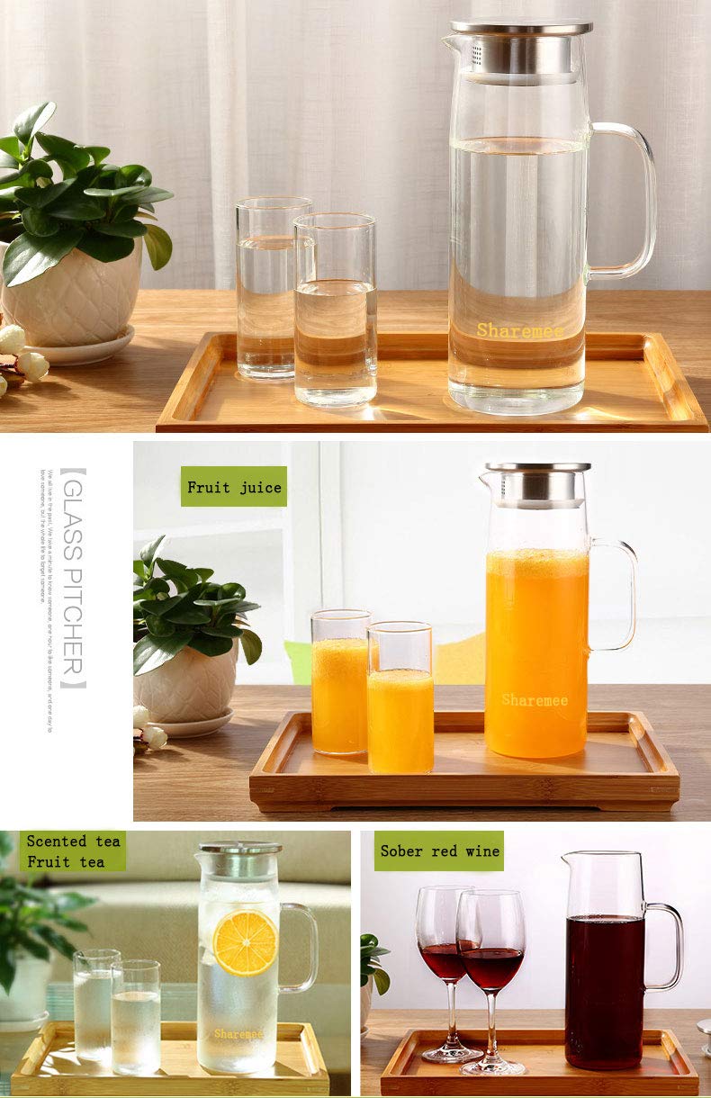 [Australia - AusPower] - Sharemee Pitcher Jug Glass Flask Heat Resistant with Stainless Steel Lid (1.2L/41oz Water Carafe) 1.2L Water Carafe new 