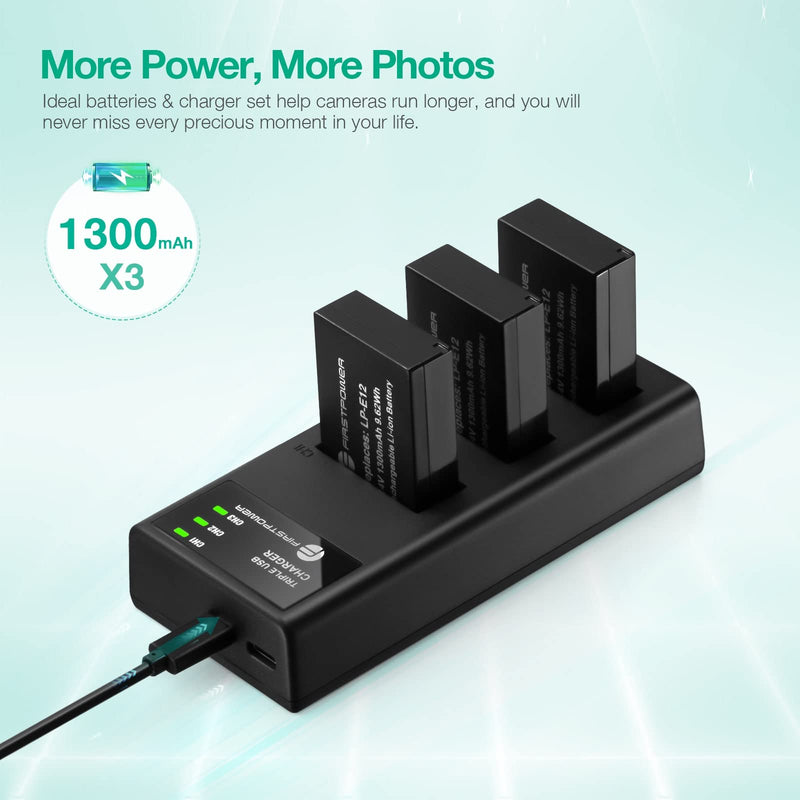 [Australia - AusPower] - FirstPower LP-E12 Battery 3-Pack and Triple Slot Charger for Canon EOS M50, EOS M50 Mark II, EOS M, EOS M2, EOS M10, EOS M100, EOS M200, Rebel SL1, PowerShot SX70 HS Digital Cameras 