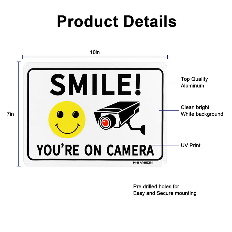 [Australia - AusPower] - HISVISION 2 Pack Smile You're on Camera, Video Surveillance Sign, 10"x7" Rust Free Aluminum Metal Warning Sign UVresistance, Waterproof, Easy to Install for Home House and Business 10X7in-2Pack 