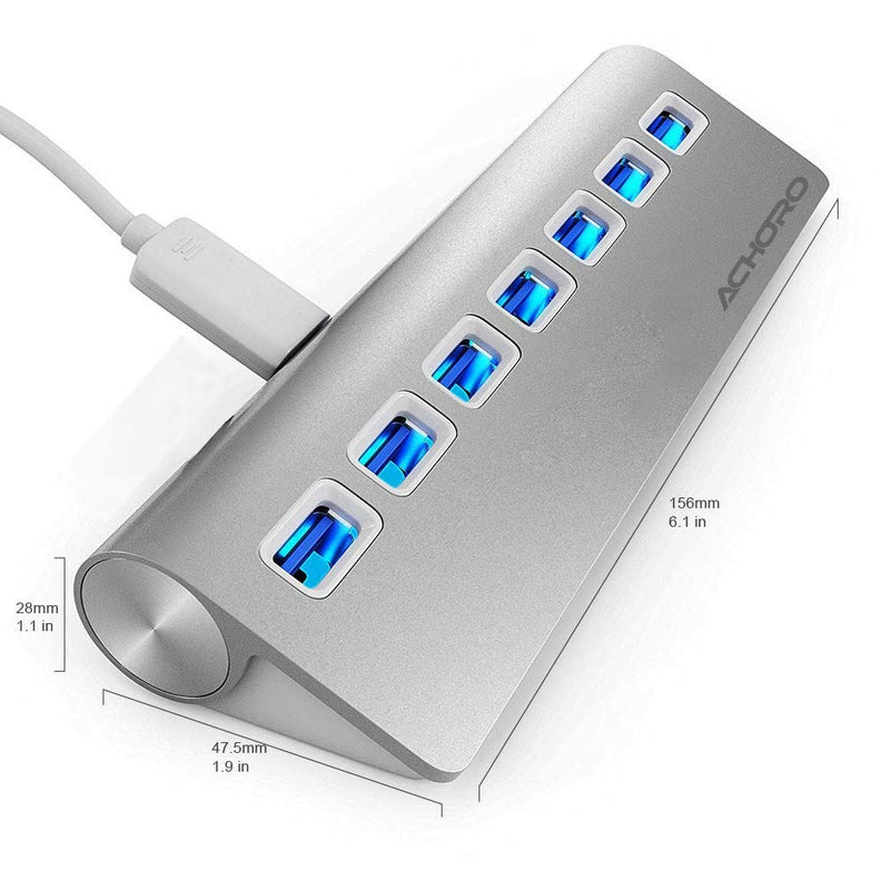 [Australia - AusPower] - Achoro 7 Ports USB 3.0 Hub - Triangle Aluminum Alloy - High-Speed USB Port Expander - Compatible with PC, iMac, MacBook, Windows, Desktop, and More – Computer Multiple USB HUB (Silver) Silver 