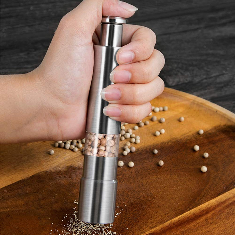 [Australia - AusPower] - [Set of 2] Premium Stainless Steel Salt Grinder & Pepper Mill Set for Peppercorns Sea Salt Himalayan Salt and Spices, Thumb Push Button for 1 Hand Operation 