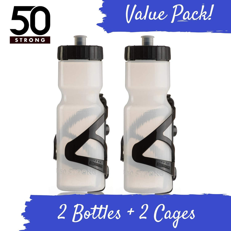 [Australia - AusPower] - 50 Strong Bike Bottle Holder with Water Bottle - 2 Pack - 22 oz. BPA Free Bicycle Squeeze Bottle and Durable Plastic Holder Cage- Made in USA 