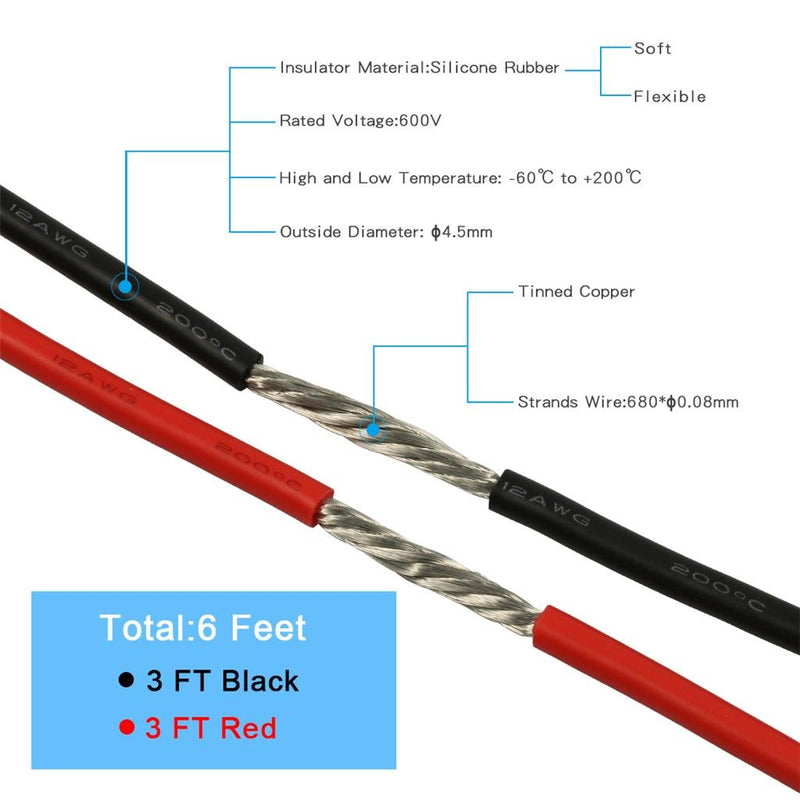 [Australia - AusPower] - BNTECHGO 12 Gauge Silicone Wire 3 ft red and 3 ft Black Flexible 12 AWG Stranded Copper Wire 12 silicone wire red 3ft and black 3ft silicone wire red and black 