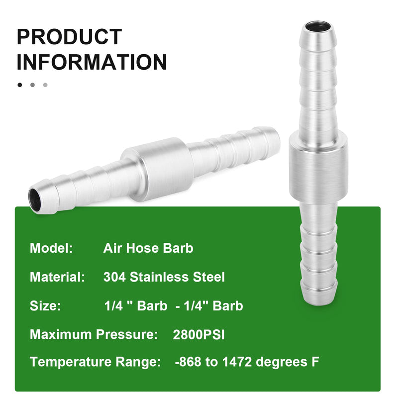 [Australia - AusPower] - TAISHER 5PCS 304 Stainless Steel Hose Barb Fittings 1/4 Inch to 1/4 Inch Barb Hose, Hose Barb Reducer Splicer Mender Union Air Water Fuel with 10PCS Hose Clamp 1/4" Barb x 1/4" Barb 5 