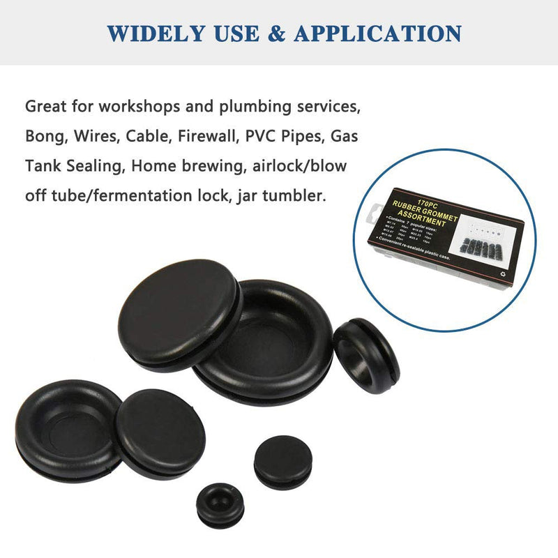 [Australia - AusPower] - 170 PCS Rubber Grommet Firewall Hole Plug Set Electrical Wire Gasket Kit, Rubber Grommets for Wiring Assortment Kit of Drill Hole 1/4" 3/8" 1/2" 5/8" 3/4" 7/8" 1" Rubber Grommet Kit Closed 