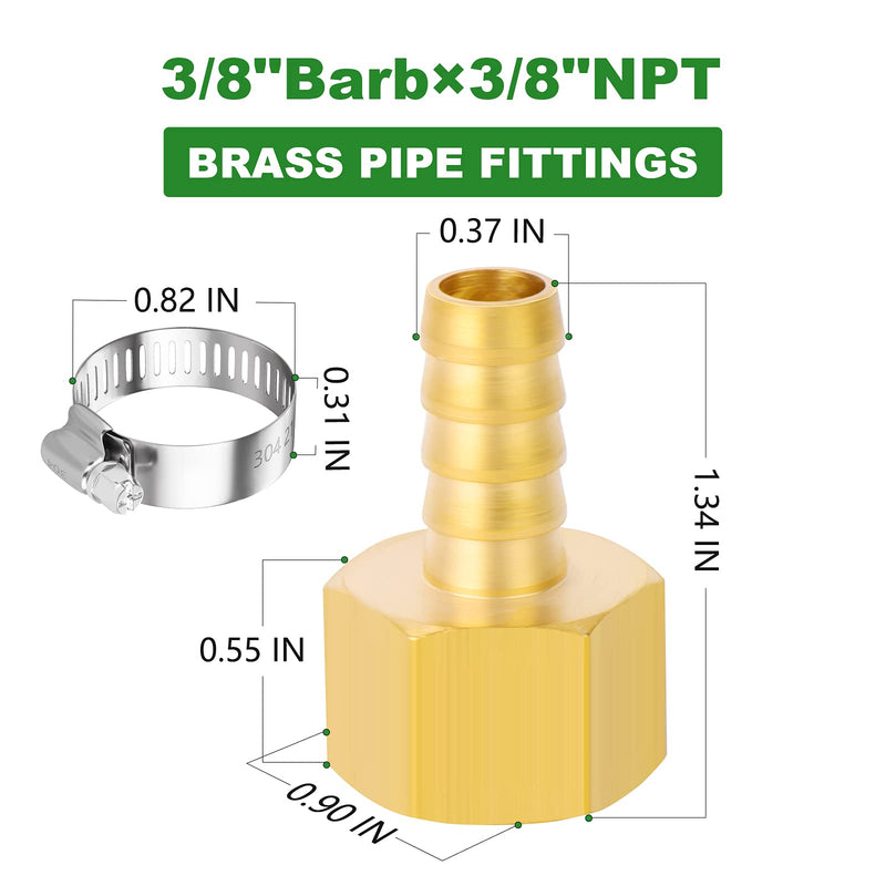 [Australia - AusPower] - TAISHER 10 PCS Brass of Air Hose Fittings, Hose Barb Fittings 3/8" Hose Barb x 3/8" FNPT with 10 PCS Hose Clamp 3/8" Barb x 3/8" FNPT 