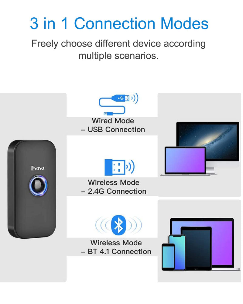 [Australia - AusPower] - Eyoyo Mini 1D Bluetooth Barcode Scanner with Case, 3-in-1 Bluetooth & USB Wired & 2.4G Wireless Barcode Reader Portable Bar Code Scanning Work with Windows, Android, iOS, Tablets or Computers(Black) Black 