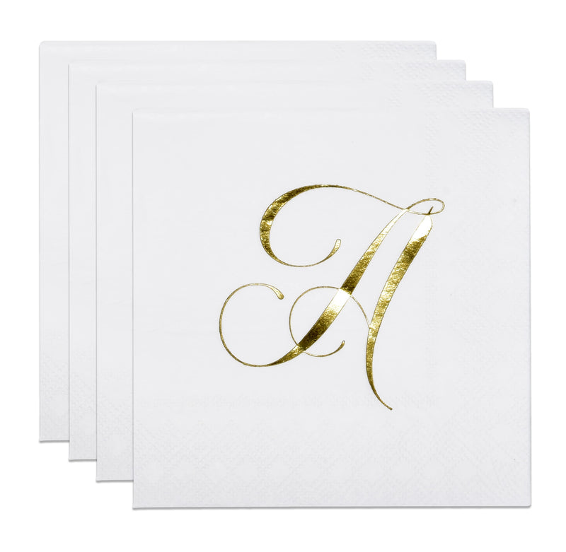 [Australia - AusPower] - 100 Gold Monogram Cocktail Napkins Letter A Disposable Paper Pack Elegant Metallic Golden Foil Hand Napkin for Powder Room Wedding Holiday Birthday Party Baby Shower Decorative Towels 