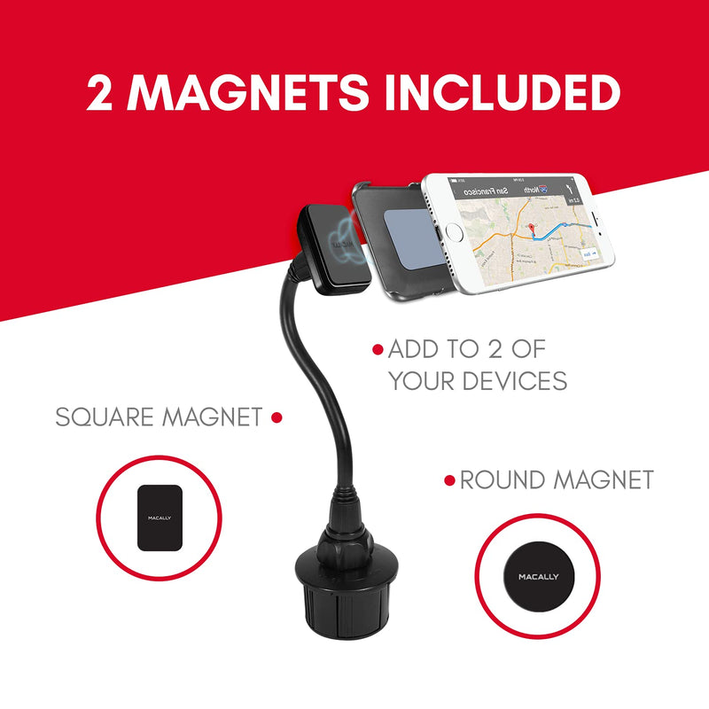 [Australia - AusPower] - Macally Car Cup Holder Magnetic Phone Mount with for Extra Long Neck & 2 Metal Plates for iPhone 11 Max Pro Xs Max XR X 8 Plus 7 Plus 6S 6 Plus, Samsung Galaxy S10 S9 Note & Most Cell Phones 