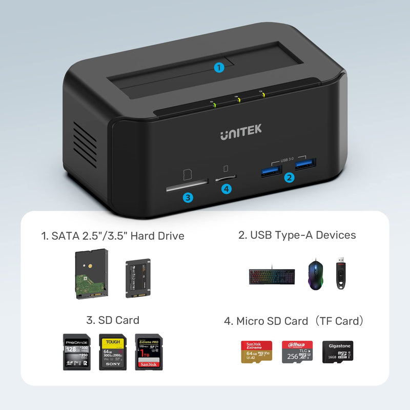 [Australia - AusPower] - Unitek Tool Free USB 3.0 to SATA External Hard Drive Docking Station with 2-Port Hub and Card Reader for 2.5 / 3.5 Inch HDD SSD SATA I/II/III, Support UASP and 16TB Small 