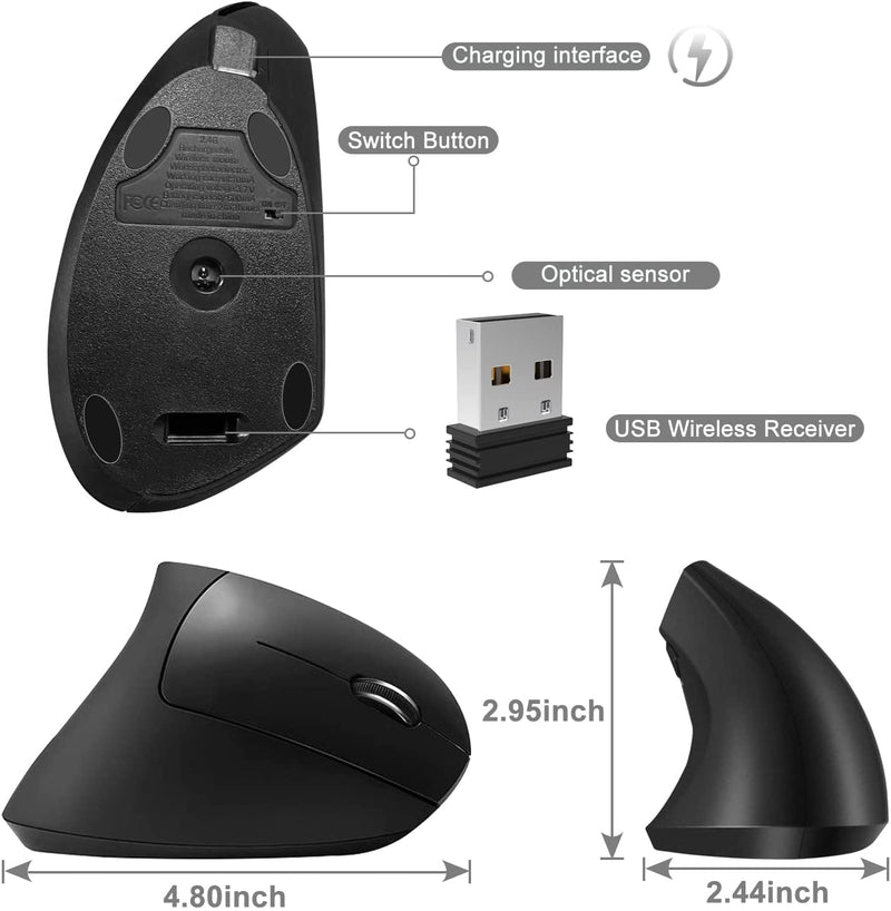 [Australia - AusPower] - Vassink Ergonomic Mouse, Rechargeable Wireless Mouse, 2.4GHz Rechargeable Wireless Vertical Optical Mice with USB Receiver, 6 Buttons, 800/1200/1600 DPI, for Laptop, PC, Computer Black 