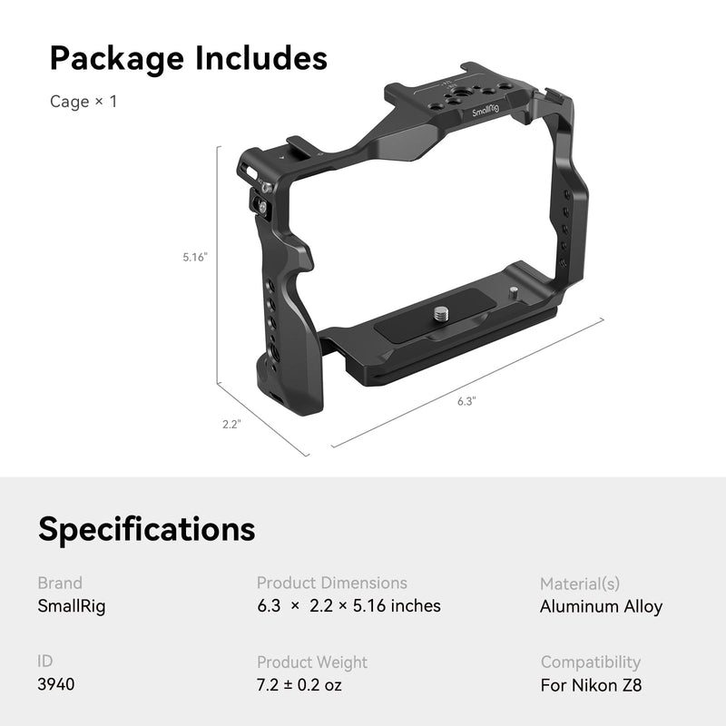 [Australia - AusPower] - SmallRig Z 8 Camera Cage for Nikon Z 8, Anti-Twist Design and Aluminum Alloy Full Camera Cage, with Quick Release Plate for Arca-Swiss for Bird Shooting, Sports Shooting, Commercial Filming 3940 