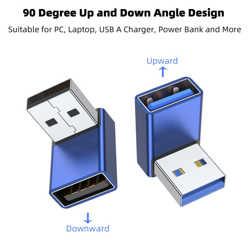 [Australia - AusPower] - AreMe 90 Degree USB 3.0 Adapter 2 Pack, Up and Down Angle USB A Male to Female Converter Extender for PC, Laptop, USB A Charger, Power Bank and More (Blue) Up/Down Blue 