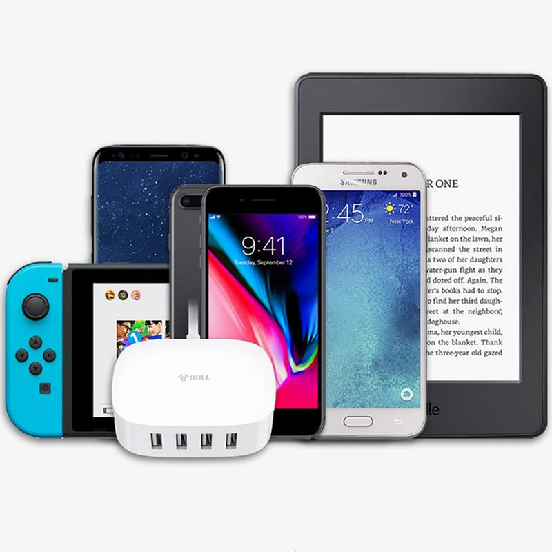 [Australia - AusPower] - USB Charging Station, BULL Multiple USB Charger 4 Port Wall Charger, Desktop Hub Charger Station with Auto Detect Technology, Multi Ports USB Charger Station for Phone and Tablet and More 