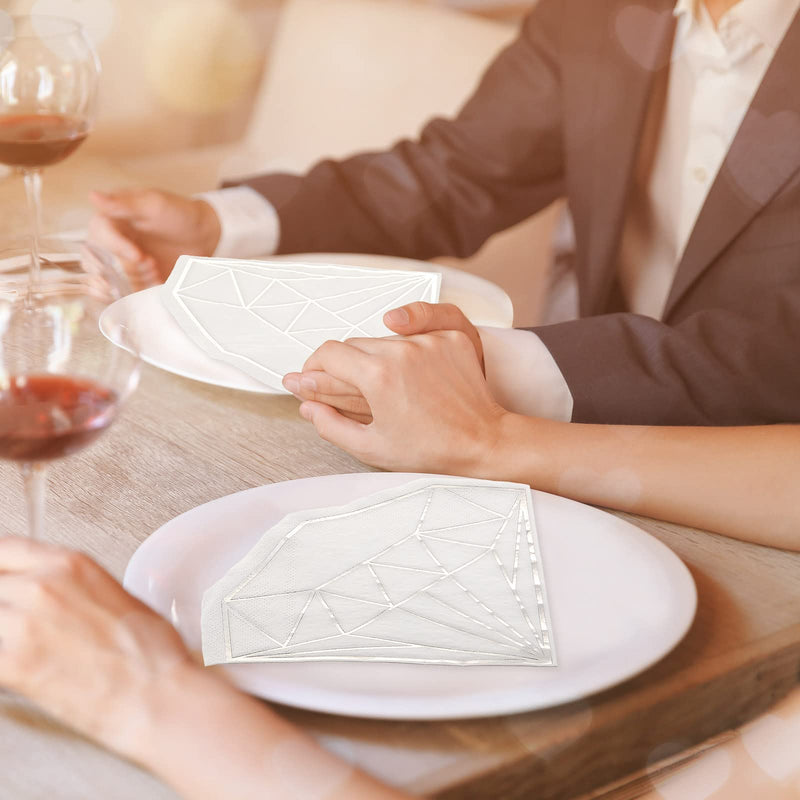 [Australia - AusPower] - 80 Pack Diamond Paper Party Napkins Bridal Shower Napkins Foil Silver Napkins Engagement Napkins White Cocktail Napkins Disposable Paper Towel for Wedding Birthday Party Decorations, 6.2 x 6.2 Inches 