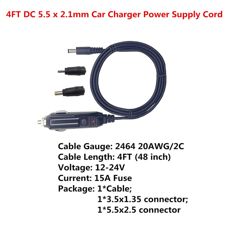 [Australia - AusPower] - DC 5.5 x 2.1mm Connector Car Charger Power Supply Cord 4ft 12v 24v Cigarette Lighter Male Plug with LED Light 20AWG Wire 15A Fuse with 2 Extra Connectors for Portable DVD Player, Car, Camera 