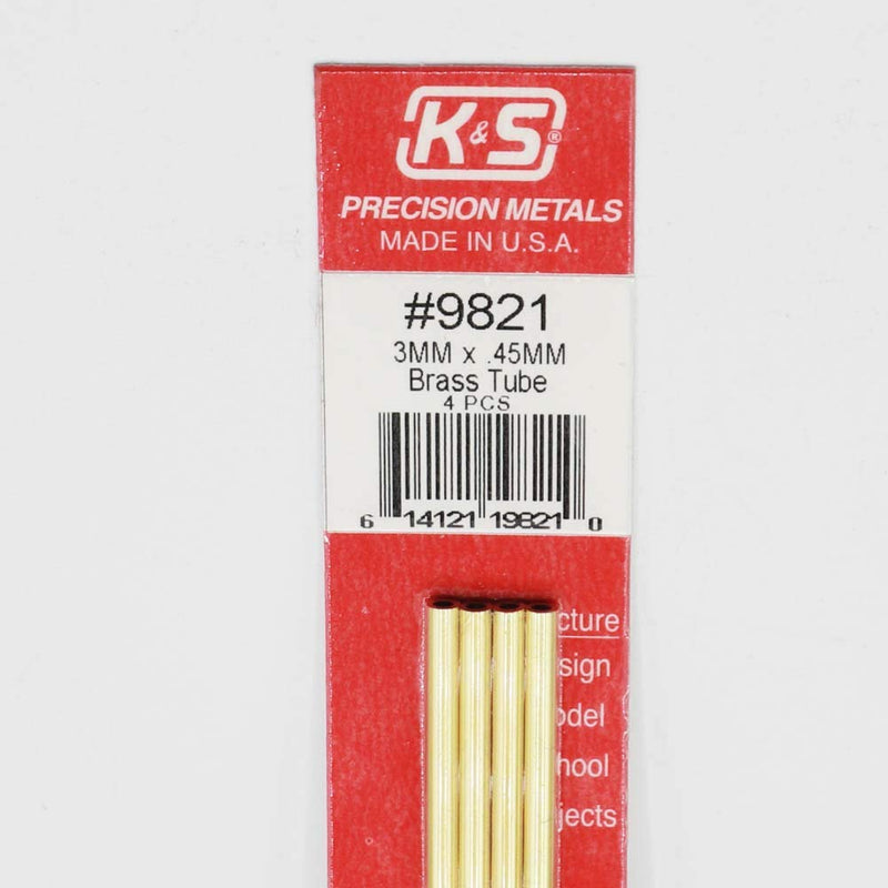 [Australia - AusPower] - K&S 9821 Round Brass Tube, 3mm OD x 0.45mm Wall x 300mm Long, 4 Pieces, Made in The USA 