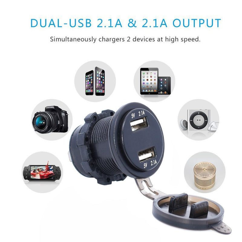 [Australia - AusPower] - Cllena Dual USB Charger Socket Power Outlet 2.1A & 2.1A with 12V - 24V LED Voltmeter for Car Boat Marine Motorcycle Mobile (Blue) 4.2A with Voltmeter - Blue 