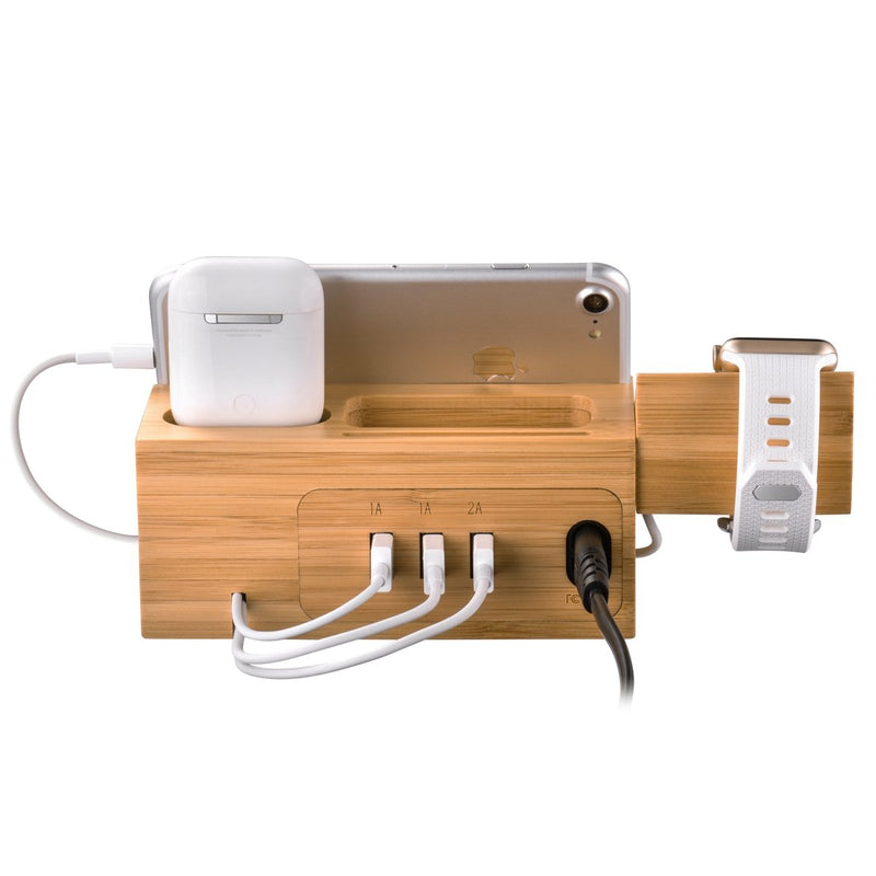 [Australia - AusPower] - Charging Station for Apple Watches, iPhones, Air Pod Apple Watch Charger Stand Air Pods Charging Dock Bamboo Wood Charging Station with 3 USB Power Ports 