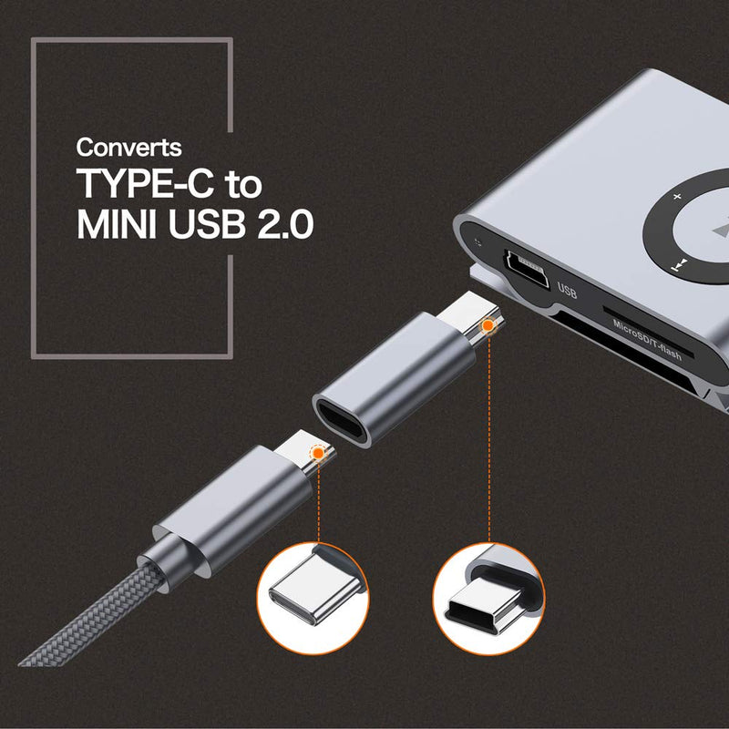 [Australia - AusPower] - USB C to Mini USB 2.0 Adapter, (2-Pack)Type C Female to Mini USB 2.0 Male Convert Connector Support Charge & Data Sync Compatible GoPro Hero 3+, MP3 Players, Dash Cam, Digital Camera, GPS Receiver etc 