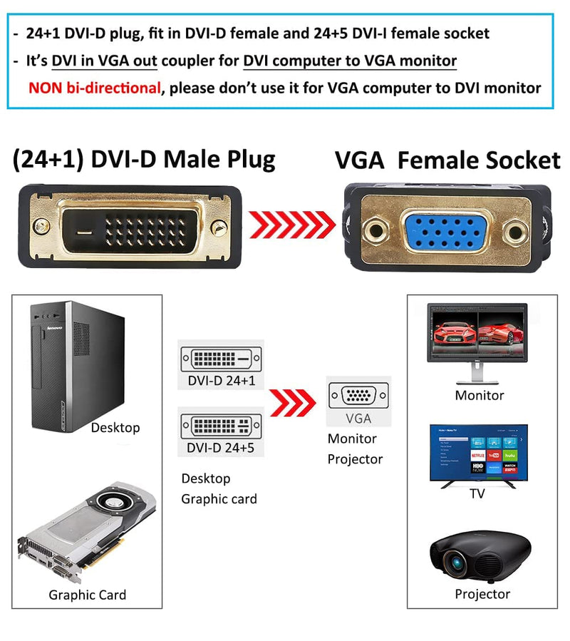 [Australia - AusPower] - DTECH DVI to VGA Adapter DVI-D Male to VGA Female Converter 1080P Video Connector 24+1 Pin for Monitor Computer Projector 