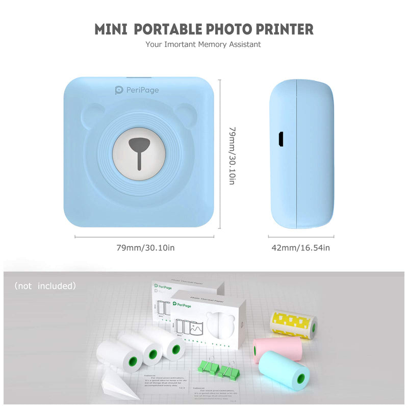 [Australia - AusPower] - Mini Sticker Printer, Portable Pocket Inkless Thermal Label Printer Bluetooth Photo Printer Compatible with iOS + Android Phone for Study, Label, Notes, Receipt (Blue) blue 