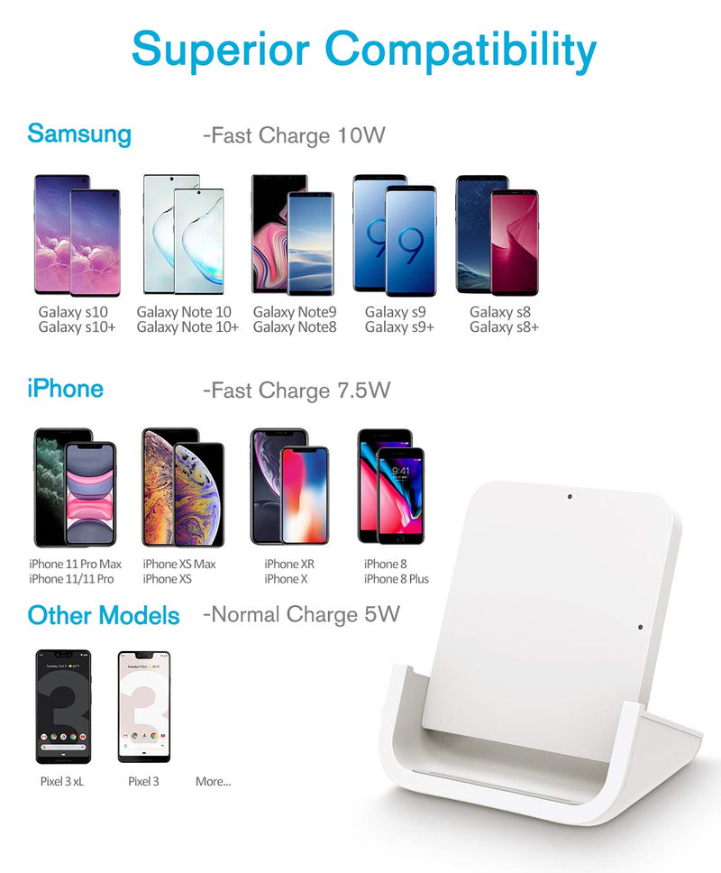 [Australia - AusPower] - Wireless Charger YUWISS Wireless Charging Stand Cordless Charger Qi-Certified 10/7.5/5W Compatible with iPhone 11/11Pro/11Pro Max/XR/XS Max/XS/X/8/8Plus, Galaxy S10/S9/S9+/S8/S8+, Note 10/9/8 White 