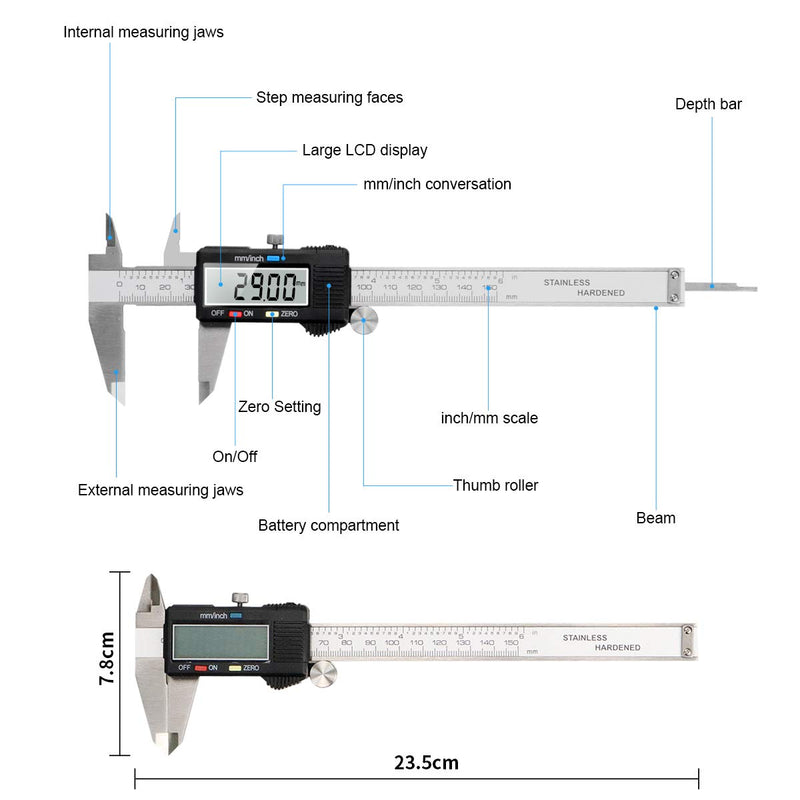 [Australia - AusPower] - Caliper Measuring Tool, Qfun Vernier Digital Caliper Stainless Steel 6 Inch/150mm, Digital Micrometer Waterproof, Easy Switch from Inch to Millimeter, Large LCD Screen 