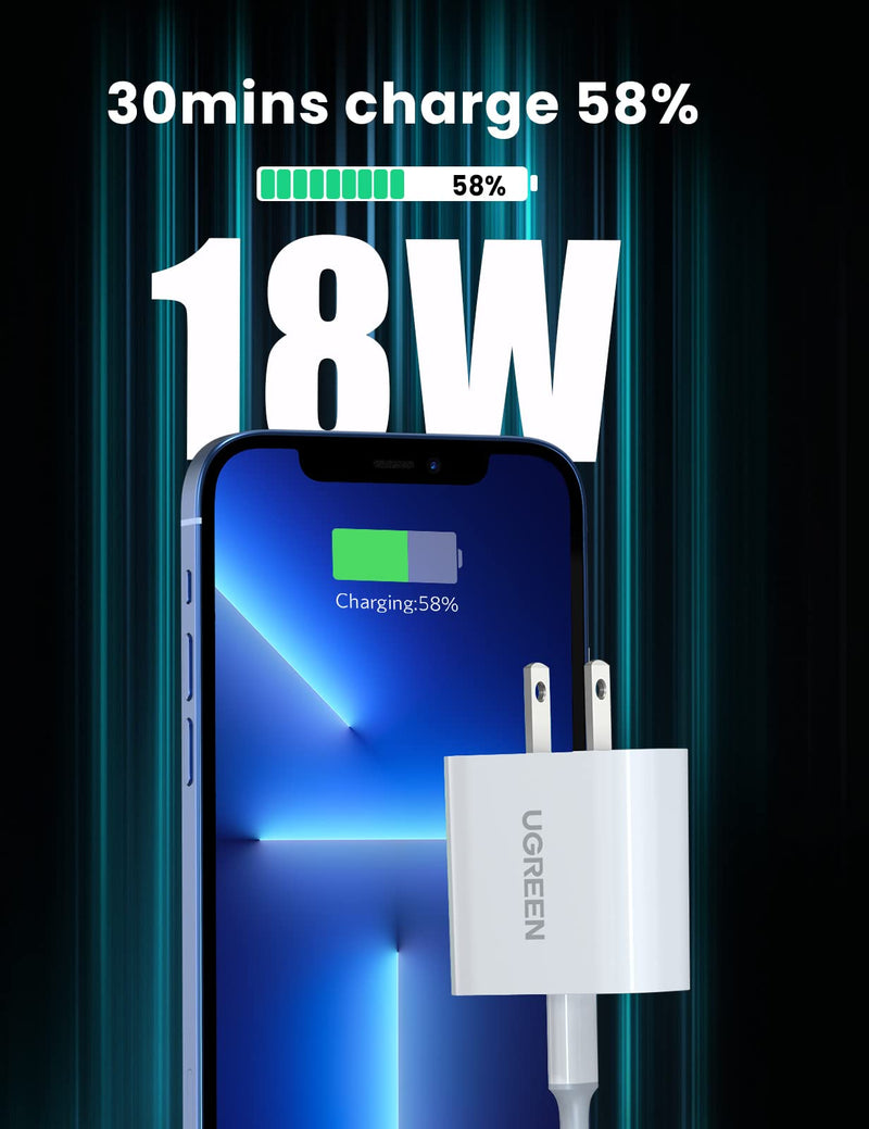 [Australia - AusPower] - UGREEN 18W USB C PD Fast Charger with USB C to Lightning Cable MFi Certified iPhone Charging Cable 3FT Compatible for iPhone 13/13 Mini/13 Pro/13 Pro Max/12, iPad, AirPods Pro, Galaxy S20/Note20 