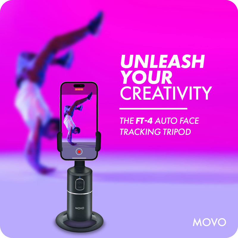 [Australia - AusPower] - Movo FT-4 Face Auto Tracking Phone Holder- 360 Degree Auto Motion Face Tracking Tripod, Rotating iPhone Mount Stand - Perfect for Vlogging, YouTube, Tiktok, Streaming, Content Creator Essentials 