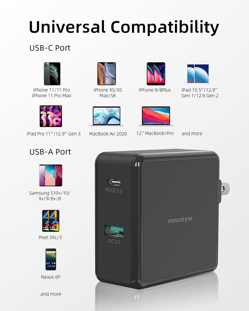 [Australia - AusPower] - USB C Fast Charger, INNOSTYLE 49.5W Dual Port PD/QC 3.0 Wall Charger, Portable Power Adapter with Foldable Plug Compatible with iPhone 13/13 Mini/13 Pro/13 Pro Max/12/11, Pixel, Galaxy, and More 