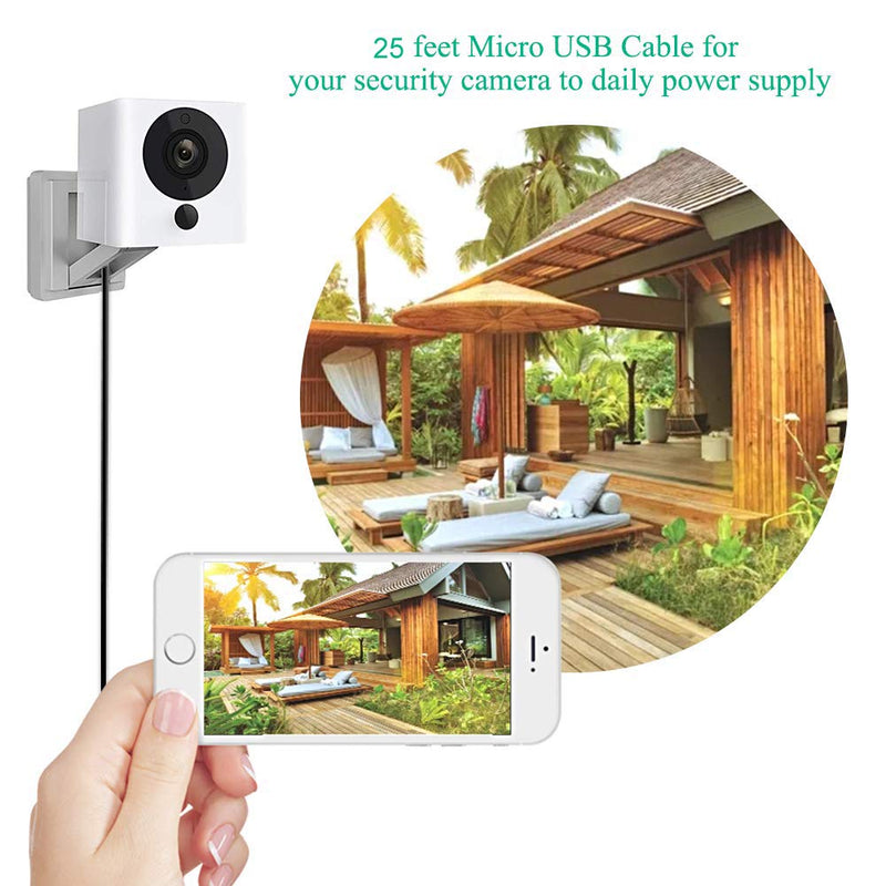 [Australia - AusPower] - 2-Pack 25ft Power Extension Cable Compatible for WyzeCam, Wyze Cam Pan, Nest Cam Indoor, Blink, Yi Camera, USB to Micro USB Charging Cord (Black) Black 