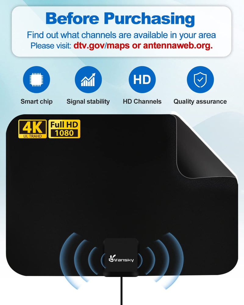 [Australia - AusPower] - TV Antenna Indoor, Digital Amplified Indoor HDTV Antenna, 1080p VHF UHF Television Local Channels Detachable Signal Amplifier and 16.5ft Long Coax Cable (Black) Black 