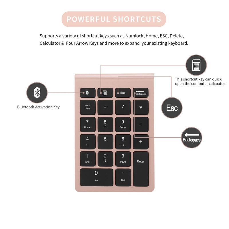 [Australia - AusPower] - Bluetooth Number Pad, 22 Keys Number Keypad with Shortcut Key, 10Keys Portable Financial Accounting Wireless Number Pad, Bluetooth 5.0 Numeric Keyboard for Laptop, PC, Desktop, Pad(Rose Gold) 