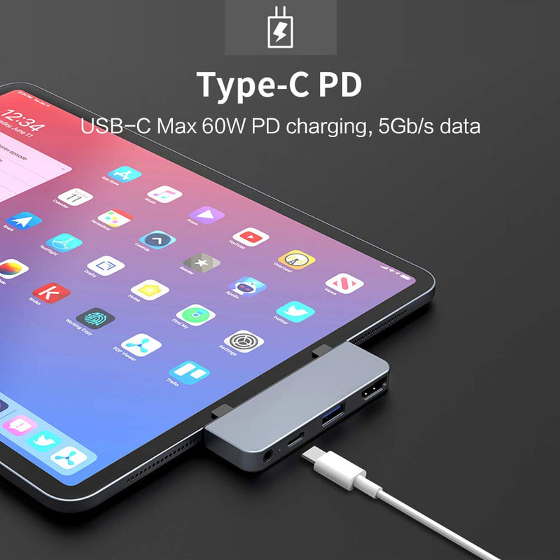 [Australia - AusPower] - HyperDrive USB C Hub Adapter for iPad Pro 2020 2019 2018 11”/ 12.9", USBC Smartphone/Tablet, 4-in-1 USB-C Hub Dongle with 4K HDMI, C-USB PD Charging, USB 3.0, 3.5mm Headphone Audio Jack -Gray 